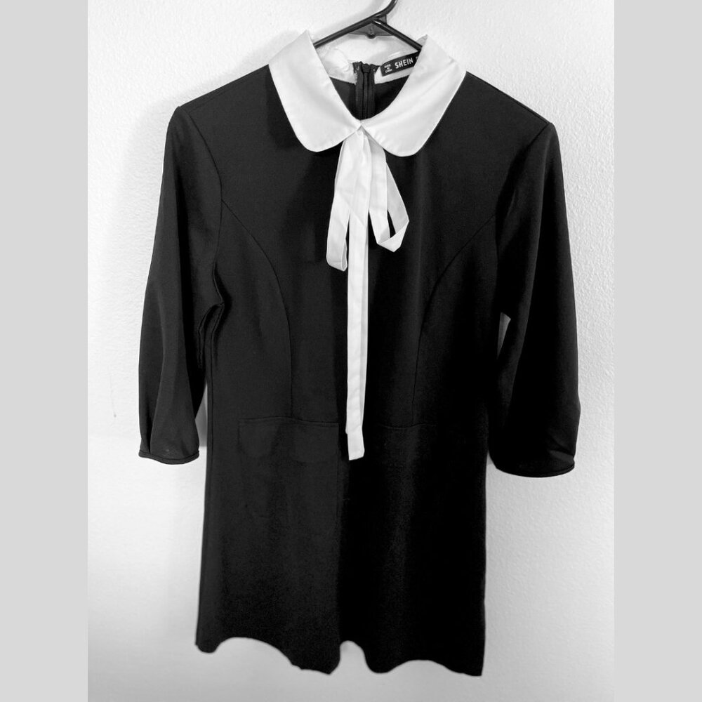 Black Mod Mini Dress with White Collar & Tie – Size Small